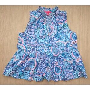 Lilly Pulitzer Novella Ruffle Hem Top Blue Grotto Commotion In The Ocean XL
